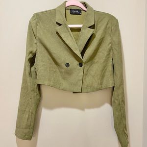 Cider Moss Green Collared Double Breasted Cropped Long Sleeve Blazer Jacket-M